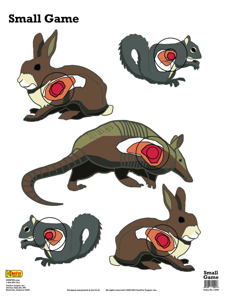 19x25 Small Game shooting target featuring multiple squirrels, rabbits, and an armadillo with precision vital zone overlays.