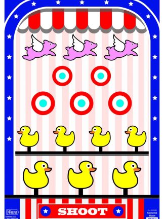 23x35 Carnival Shoot shooting target featuring flying pigs, bullseye targets, and two rows of yellow ducks for competitive range games.