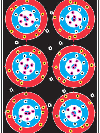 12"x19" 6-Up splatter shooting target featuring six circular bullseyes on a black background; shot impacts reveal multi-color splatter rings in pink, yellow, and white depending on the hit zone.