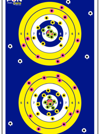 12"x19" Splatter 2 Circles paper shooting target image featuring two large circular bullseyes with yellow, blue, and white concentric rings on a dark blue background, showing pink, yellow, and green splatter reveal effects.