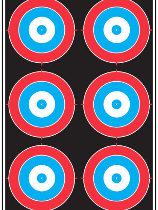 12"x19" 6-Up splatter shooting target featuring six circular bullseyes on a black background; shot impacts reveal multi-color splatter rings in pink, yellow, and white depending on the hit zone.