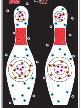 12"x19" Splatter Bowling Pins paper shooting target image featuring two white bowling pins with red neck bands on a black background, showcasing blue, orange, and pink splatter reveal effects.