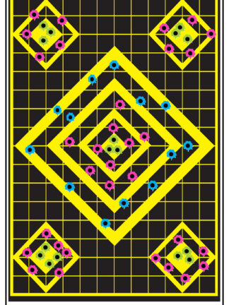 12"x19" Splatter Diamonds paper shooting target image featuring one large central yellow diamond and four smaller corner diamonds on a black background with a yellow grid, showing blue, pink, and green splatter reveal effects.