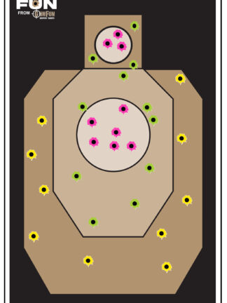 12"x19" Small Splatter Man paper shooting target image featuring a tan brown human silhouette on a black background, showcasing yellow, pink, and green splatter reveal effects across multiple scoring zones.