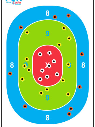 12"x19" Splatter Oval paper shooting target image featuring a large oval target with blue, green, and red scoring zones on a white background, revealing orange, yellow, and white splatter effects upon impact.