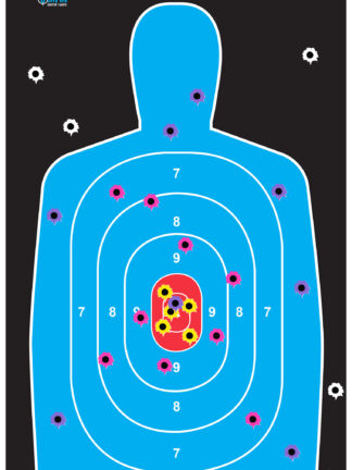 12"x19" Splatter Blue Silhouette paper shooting target image featuring a bright blue human silhouette with a red center and white scoring rings on a black background, showing purple, pink, and yellow splatter reveal effects.