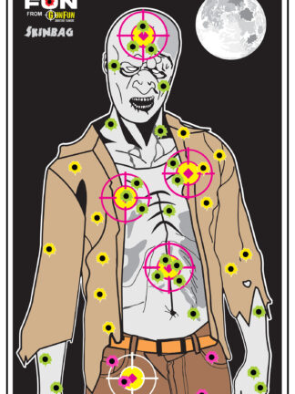 12"x19" Splatter Skinbag paper shooting target image featuring a white, tan, and brown zombie silhouette on a black background under a full moon, showcasing green, yellow, and pink splatter reveal effects.