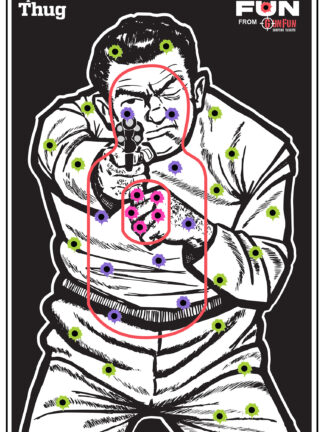 12"x19" Splatter Thug shooting target featuring a black and white illustrated male silhouette holding a revolver, with a red center scoring zone that reveals green, purple, and pink splatter effects upon impact.